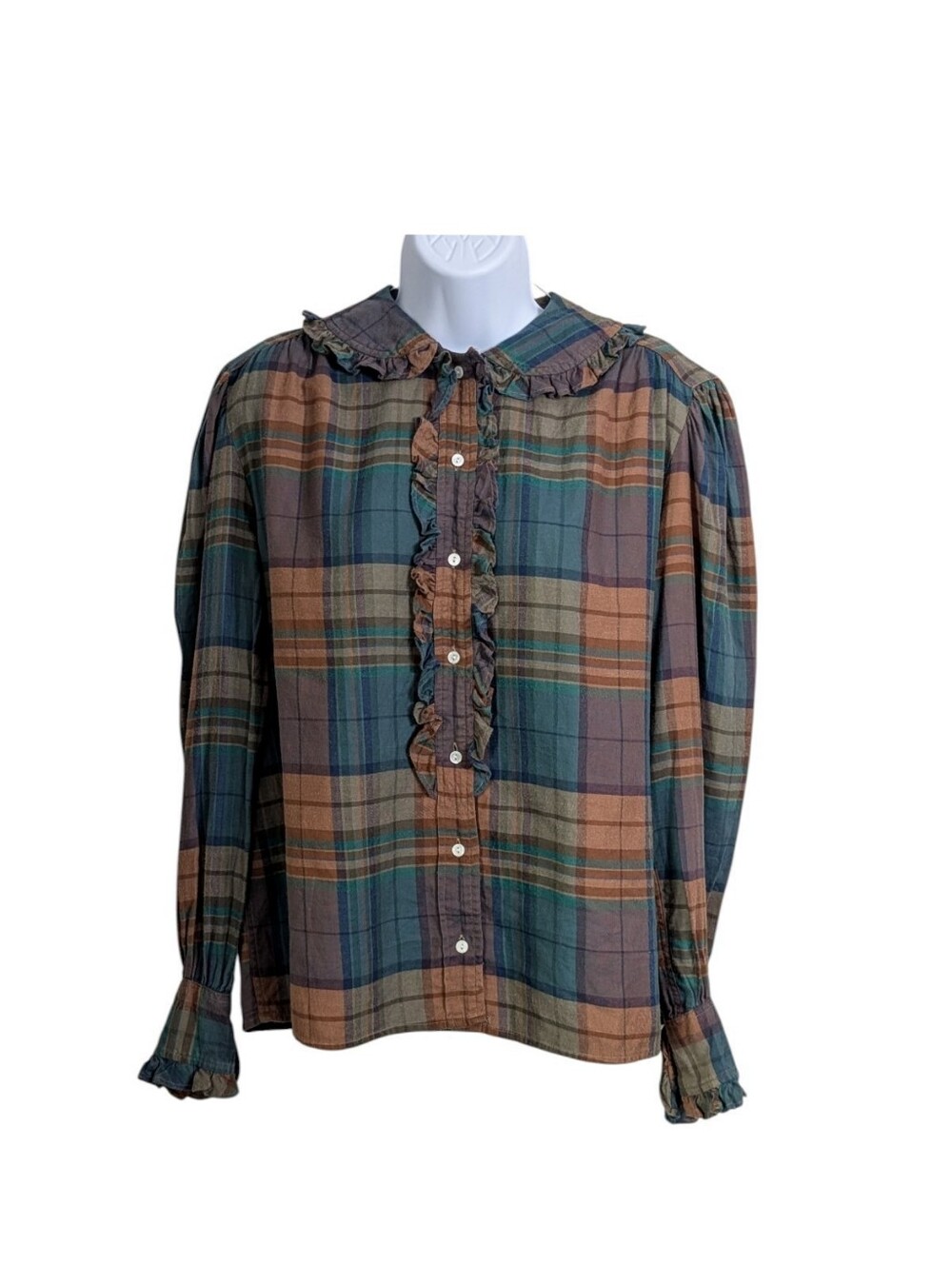 Ralph Lauren Cotton Flannel Plaid Button-Up Shirt Sz 8 Brown Green Ruffles Fall